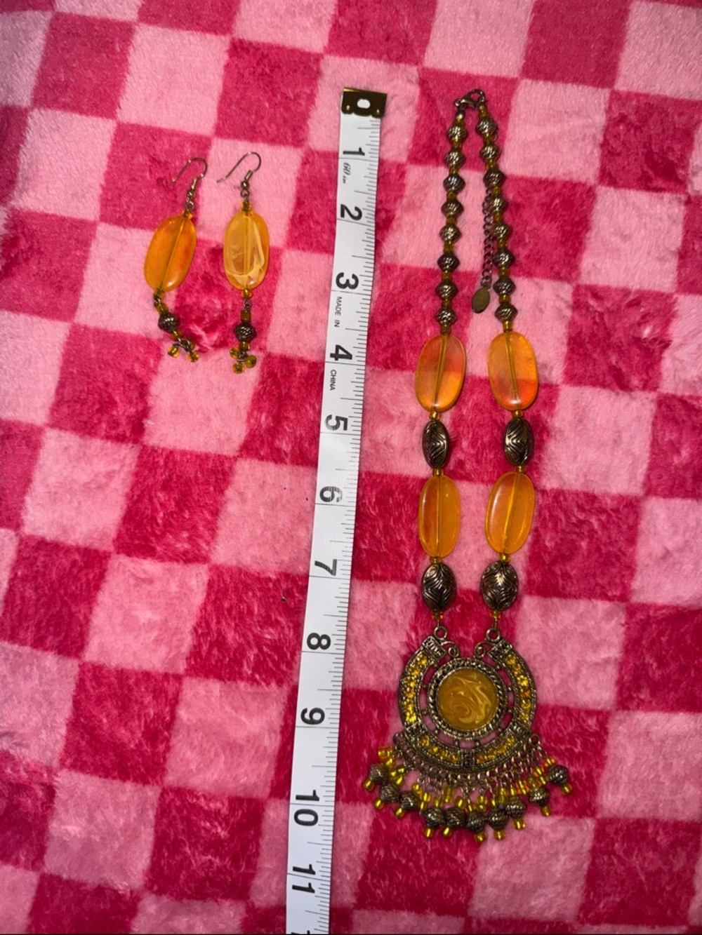 Bohemian Orange Pendant Statement Necklace and Earrings - Picture 5 of 6